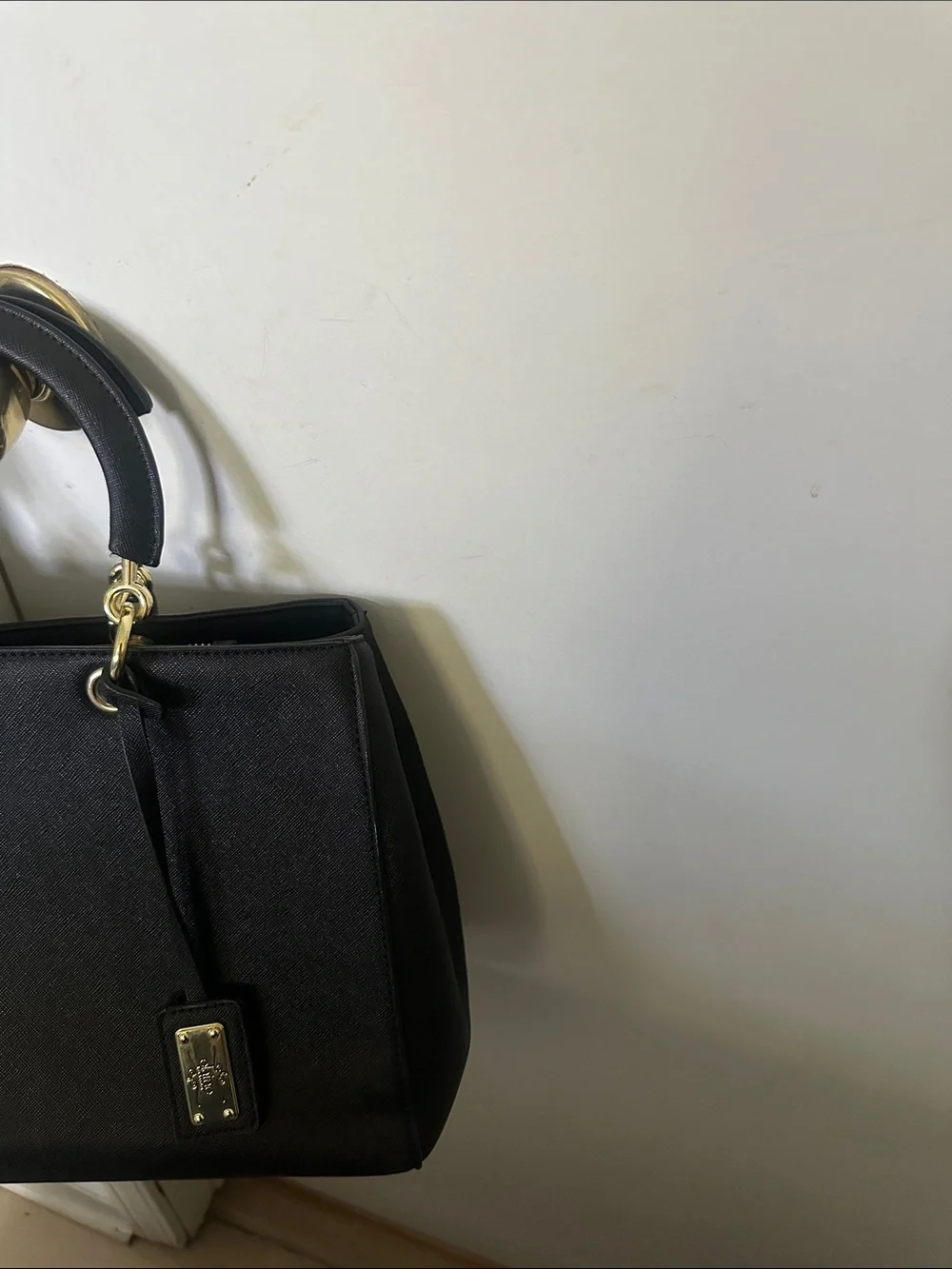 Structured Black Satchel with Gold Accent Hardware